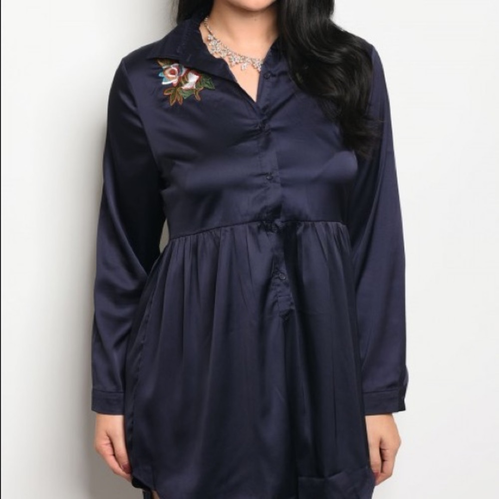 NWT BLUE SATIN L/S plus Mini Dress Flower Accent